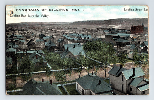 Panorama postcard set of eight views showing Billings Montana downtown and valley, 1910s era unposted cards with undivided backs.