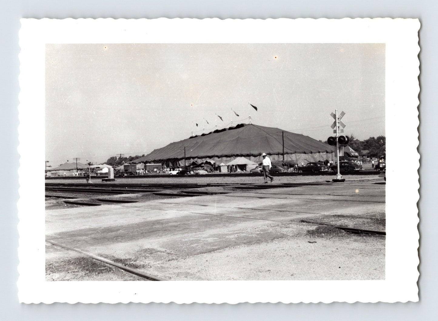 Ringling Bros Barnum Bailey circus big top tent viewed across railroad tracks