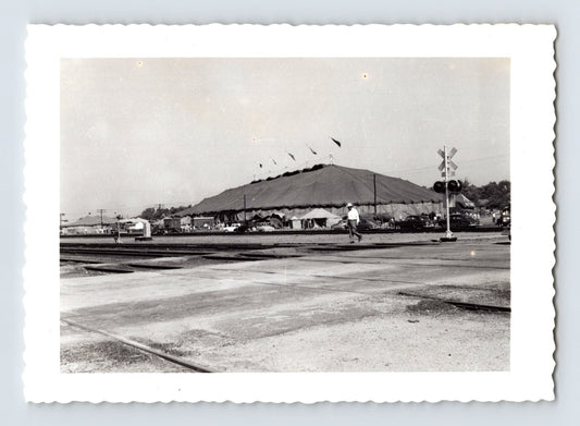 Ringling Bros Barnum Bailey circus big top tent viewed across railroad tracks