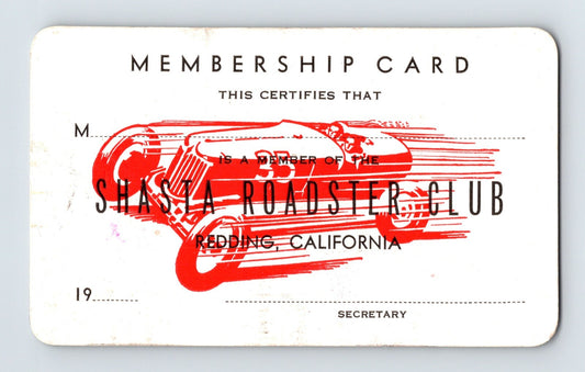1950s Shasta Roadster Club membership card from Redding California featuring red hot rod graphic and printed certification text