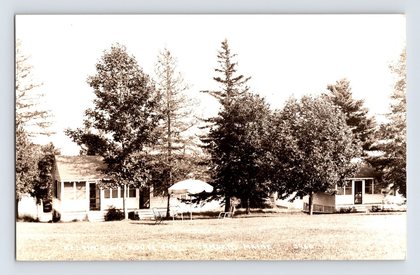Beloin Route One Motel Camden Maine cabins lawn 1950s real photo postcard unposted DuPont paper
