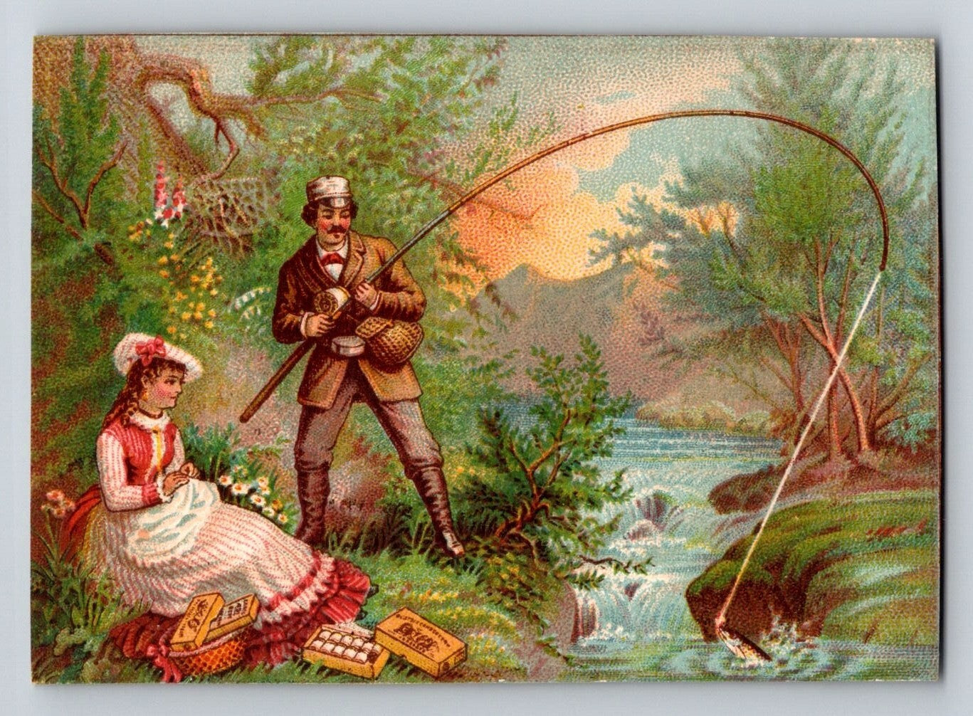 J P Coats sewing thread fishing scene Victorian trade card calendar