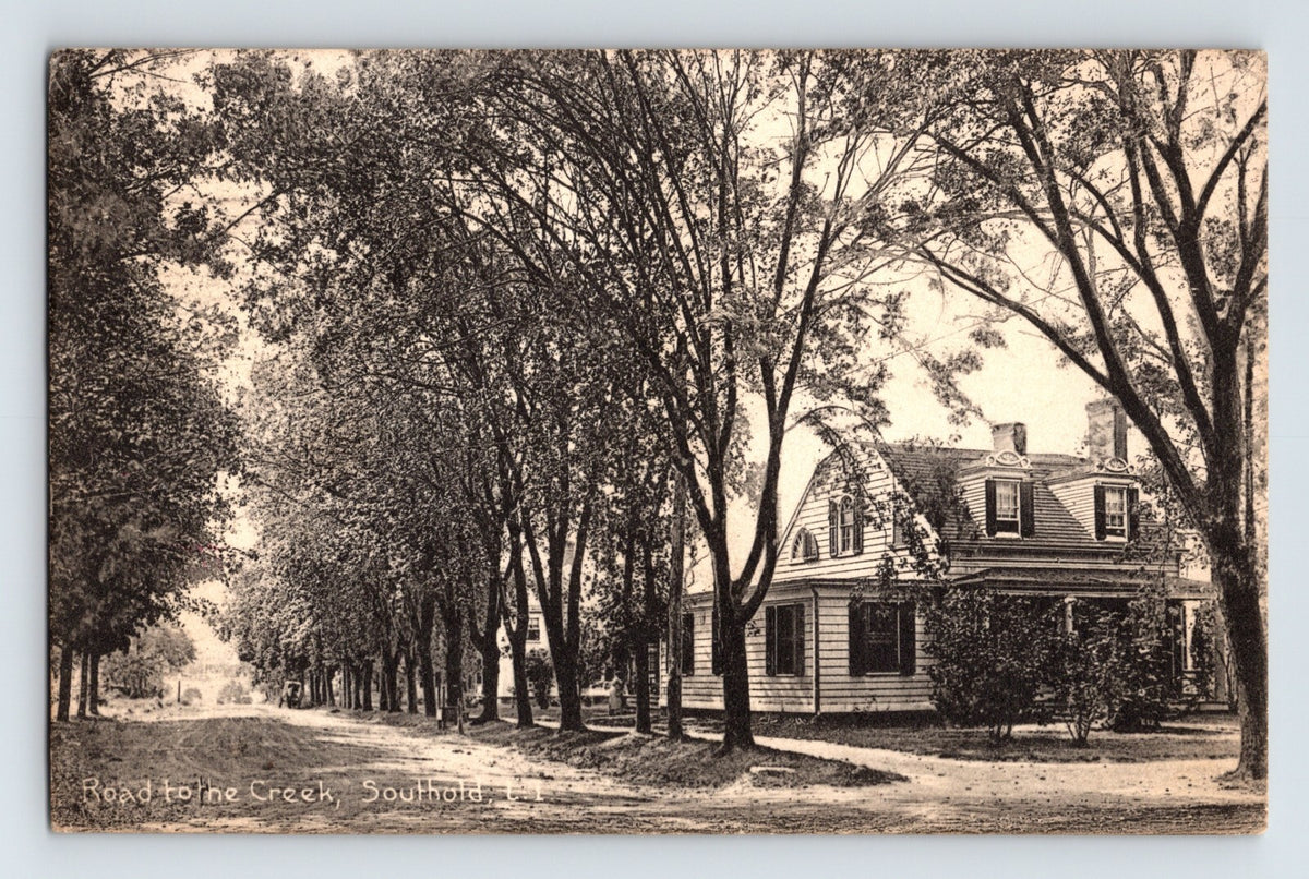 Southold Long Island New York Creek Road tree lined lane house 1915 posted divided back postcard