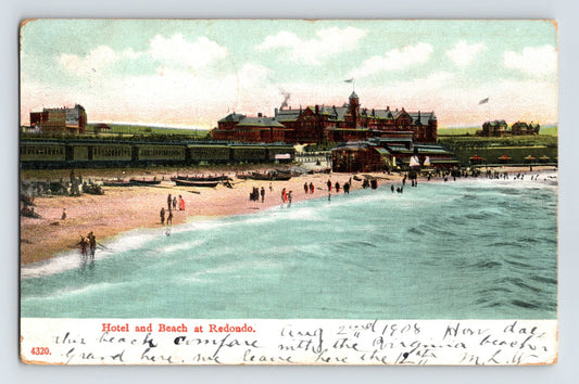 Redondo Beach California hotel and beachfront with bathers shoreline and large resort building 1908 postcard