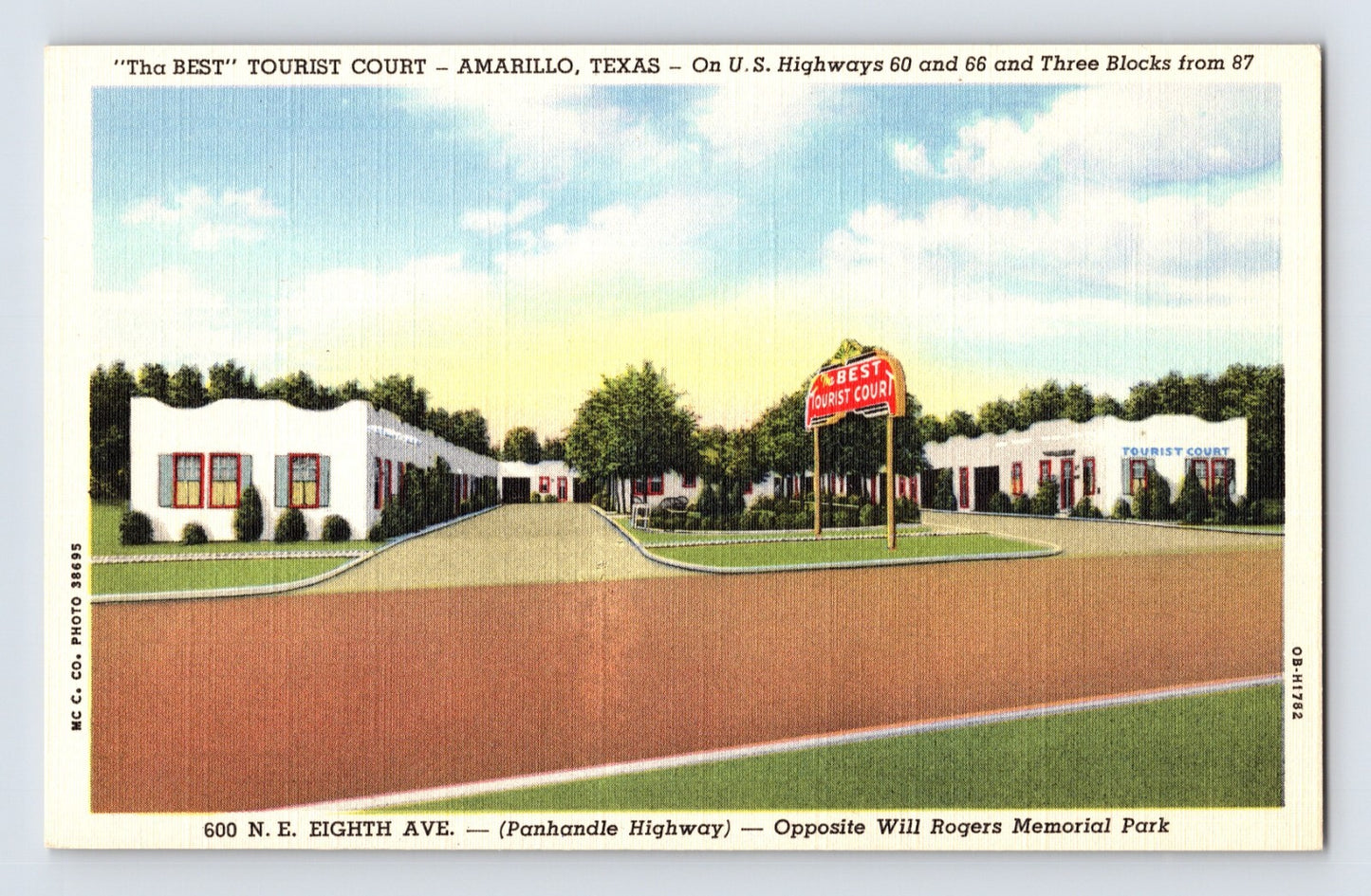 1940s postcard showing Tha Best Tourist Court motel in Amarillo, Texas, with white stucco motel units, landscaped grounds, and roadside signage along Route 66.
