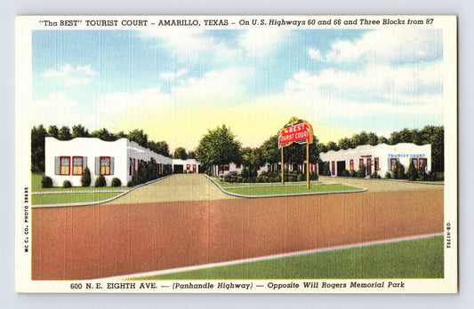 1940s postcard showing Tha Best Tourist Court motel in Amarillo, Texas, with white stucco motel units, landscaped grounds, and roadside signage along Route 66.