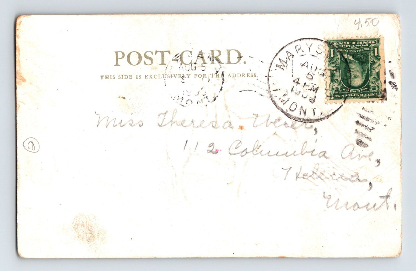 Marysville Montana Native American Chief Two Whistle 1908 Postcard Posted
