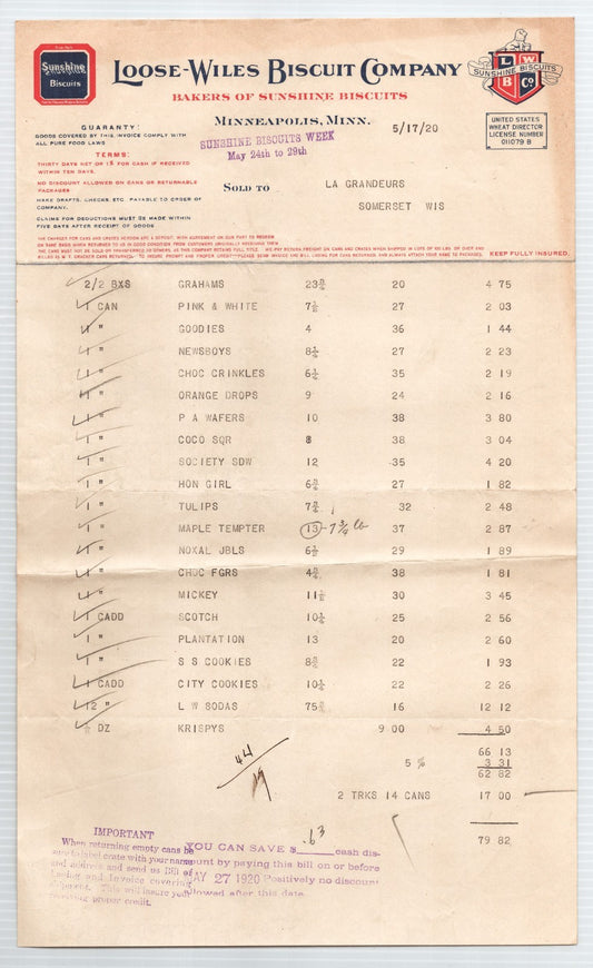 Loose Wiles Sunshine Biscuit Minneapolis billhead invoice listing cookie products