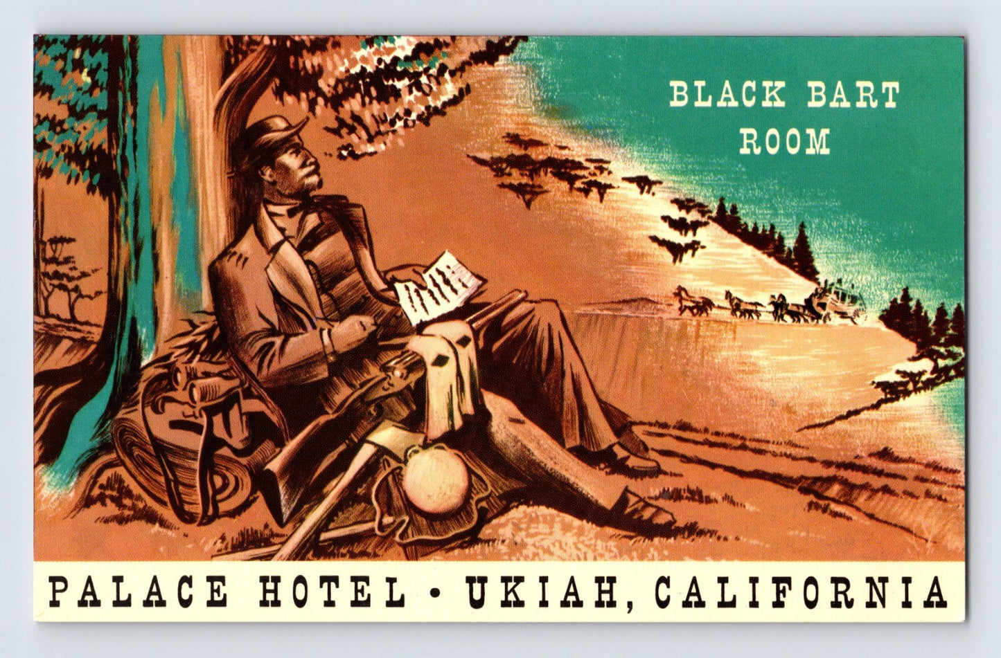 Ukiah California Palace Hotel Black Bart Room illustrated chrome postcard