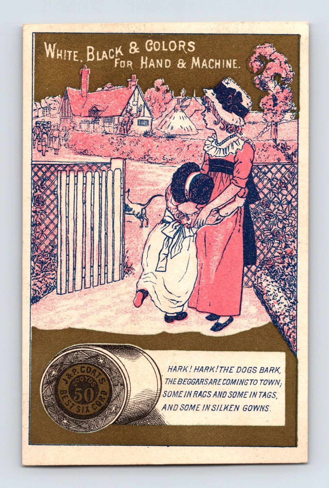 J P Coats thread trade card showing woman and child at garden gate with village scene, pink toned illustration and printed nursery rhyme verse