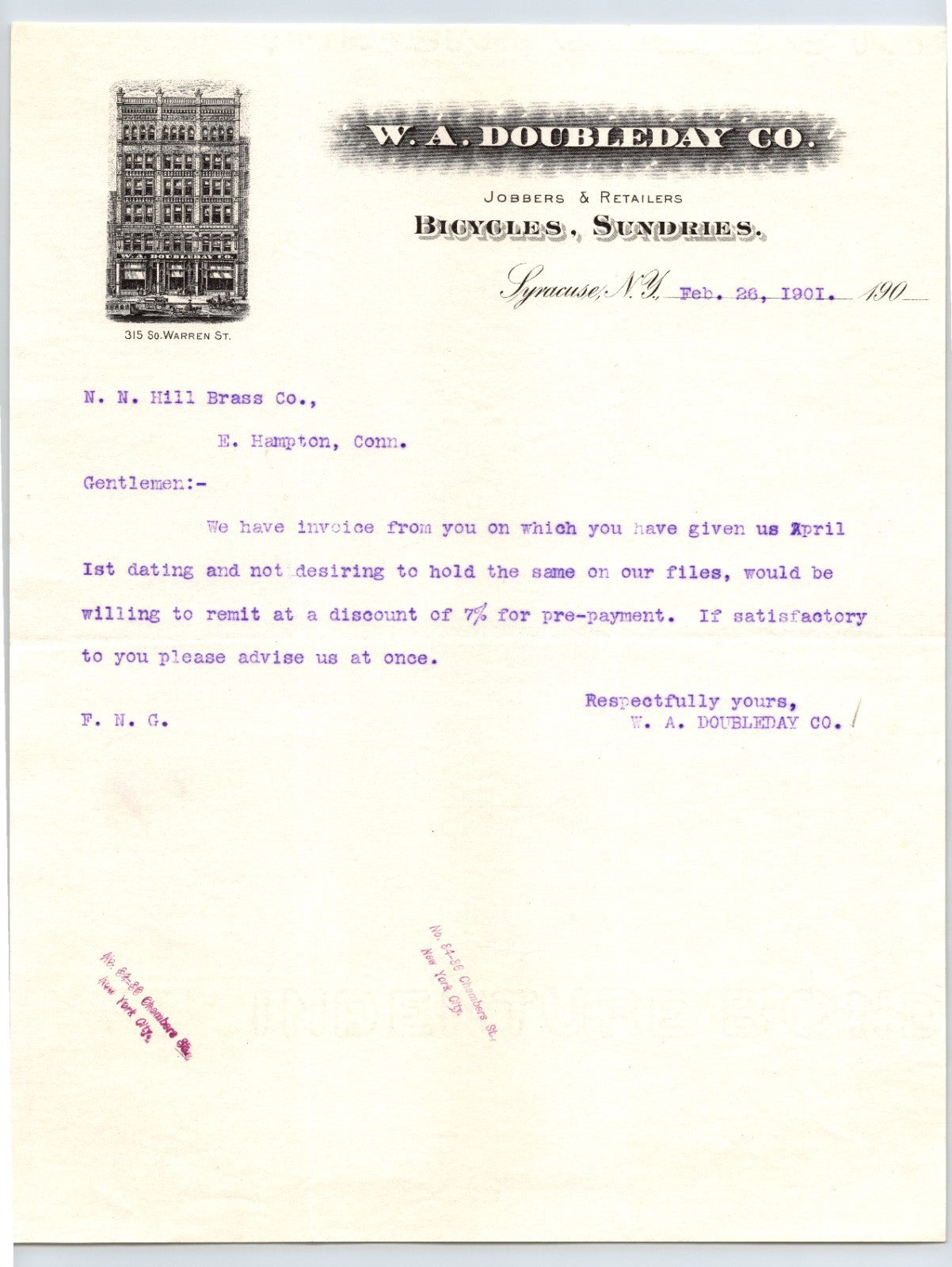 W A Doubleday Syracuse New York bicycle letterhead 1901 business stationery ornate typography