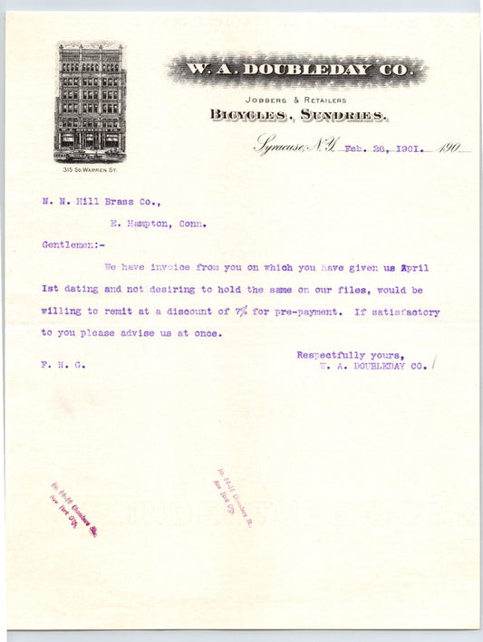 W A Doubleday Syracuse New York bicycle letterhead 1901 business stationery ornate typography