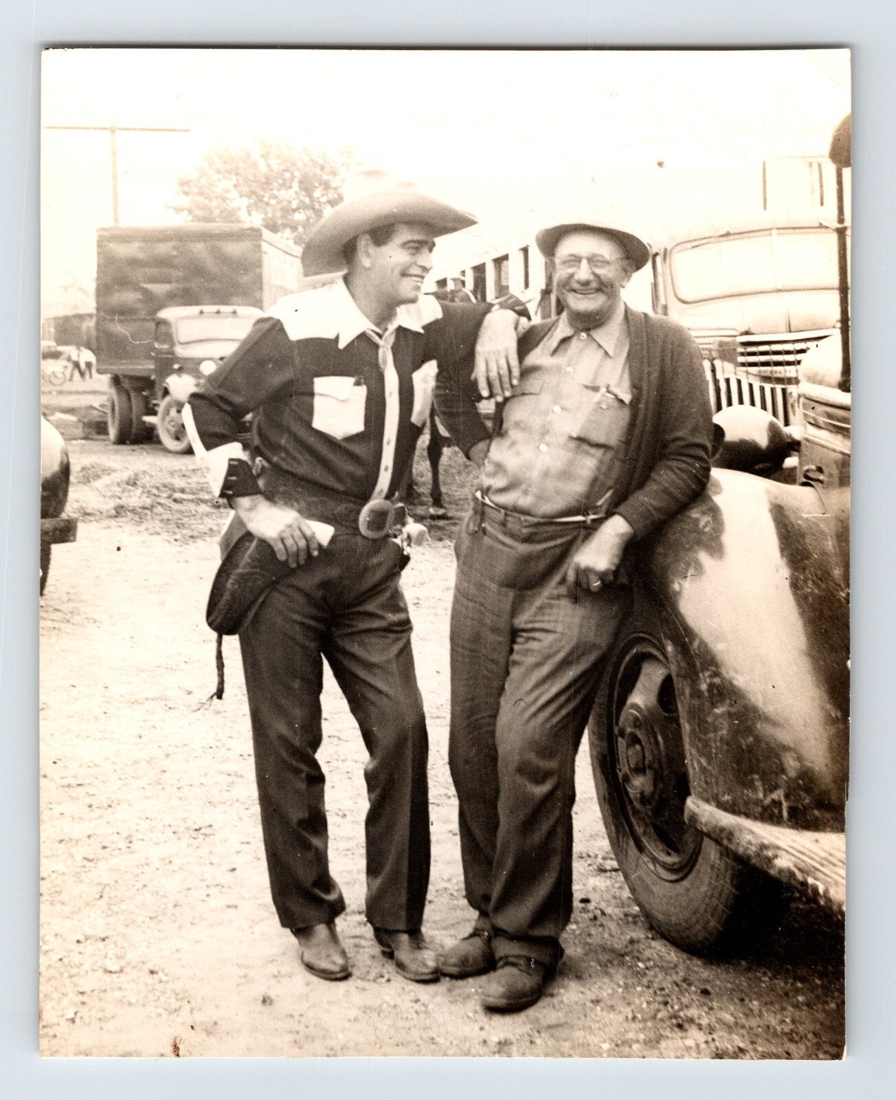Jack Hoxie cowboy actor with man beside circus truck Miller Bros circus Joplin Missouri 1947 photo