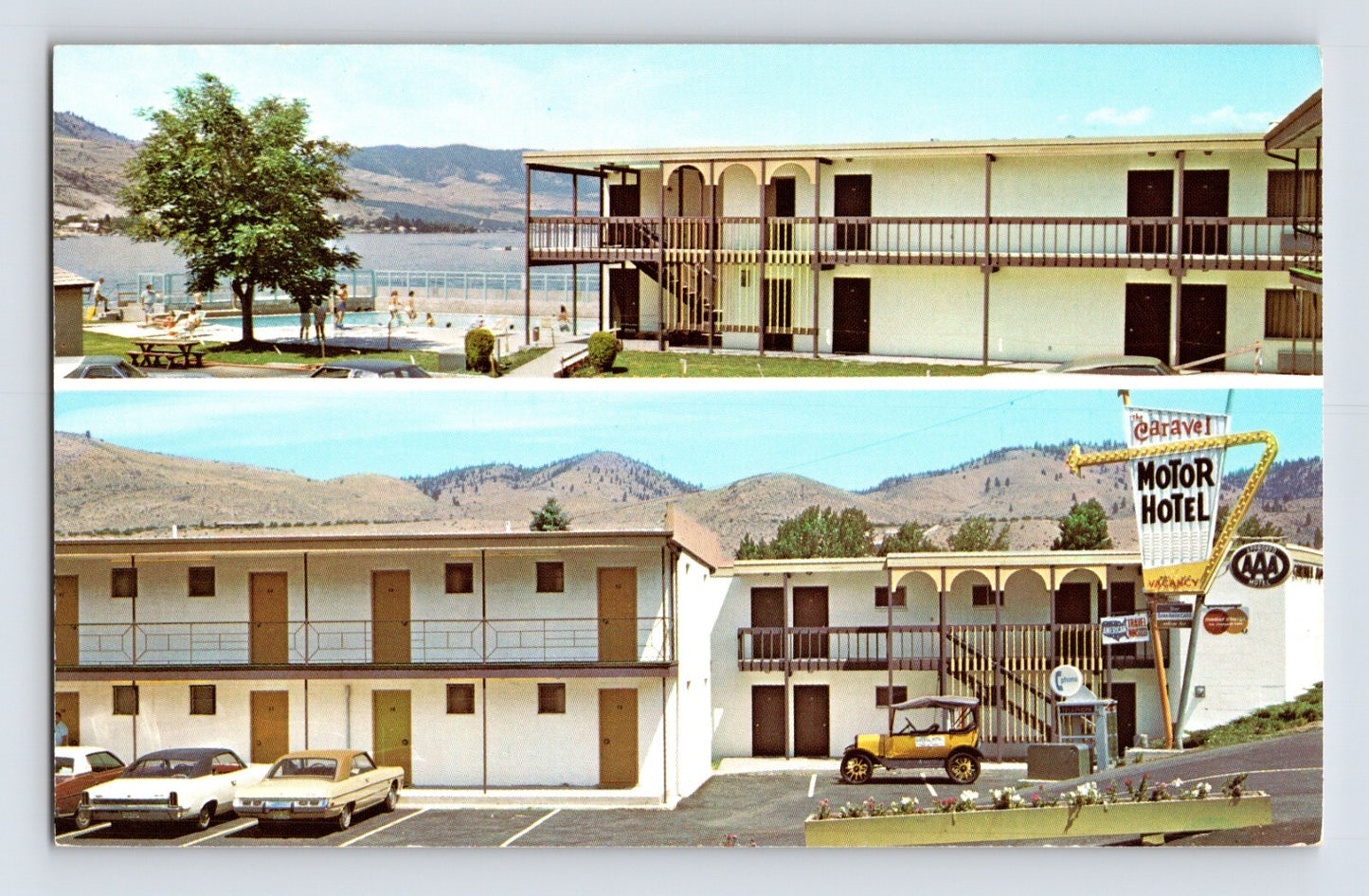 Chelan Washington Caravel Motor Hotel Lake Chelan cars motel postcard 1960s