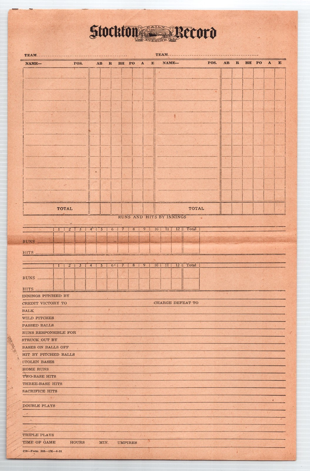 Stockton Record baseball score sheet newspaper scoring form blank unused