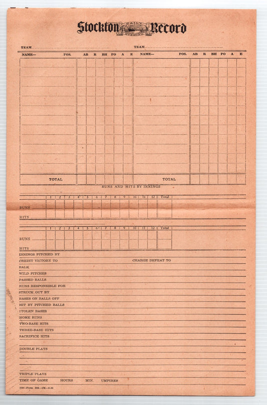 Stockton Record baseball score sheet newspaper scoring form blank unused