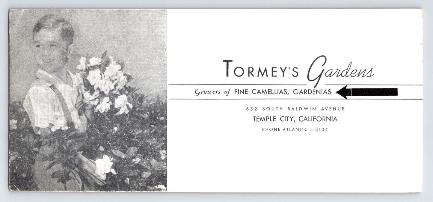 1940s Tormey’s Gardens advertising blotter from Temple City California featuring child holding camellias and gardenias, pink reverse