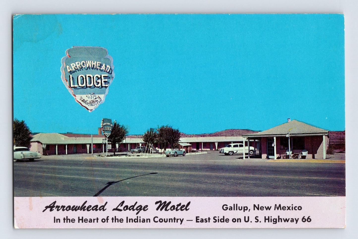Gallup New Mexico Arrowhead Lodge Motel Route 66 1960s postcard roadside motor court highway scene