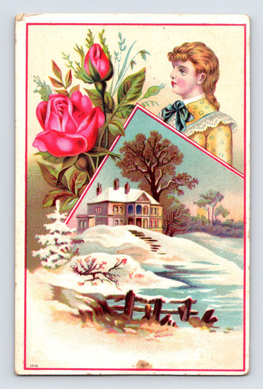 Telephone stove trade card Victorian woman winter house floral frame J F Bass Uniondale Pennsylvania