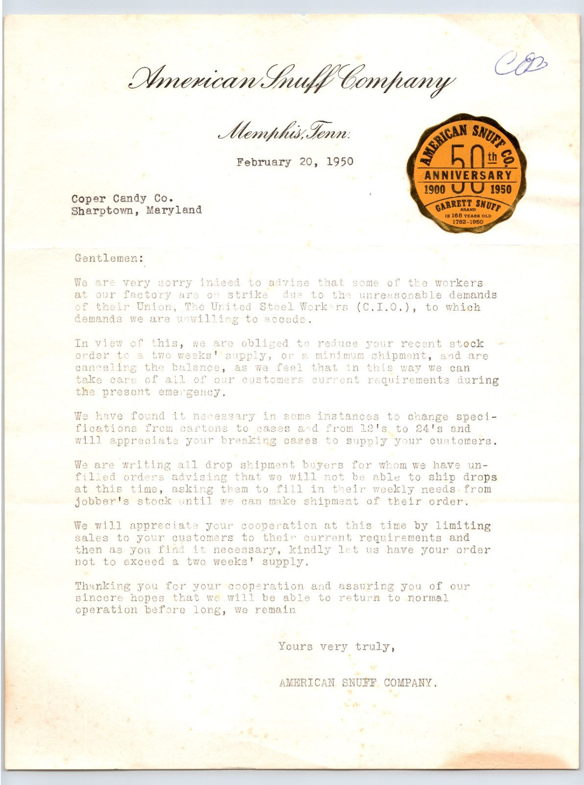 American Snuff Company letterhead Memphis Tennessee February 20 1950 tobacco correspondence