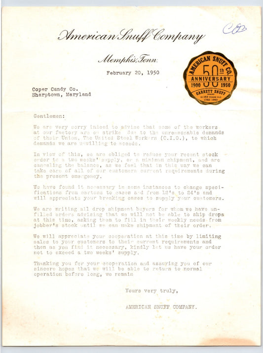 American Snuff Company letterhead Memphis Tennessee February 20 1950 tobacco correspondence