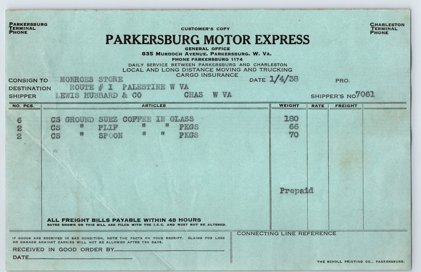 Parkersburg West Virginia Motor Express trucking billhead 1938 freight invoice document