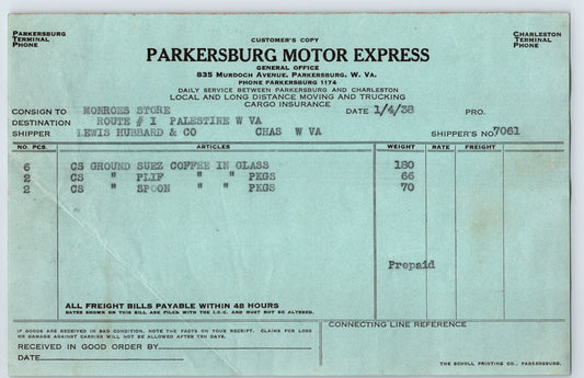 Parkersburg West Virginia Motor Express trucking billhead 1938 freight invoice document