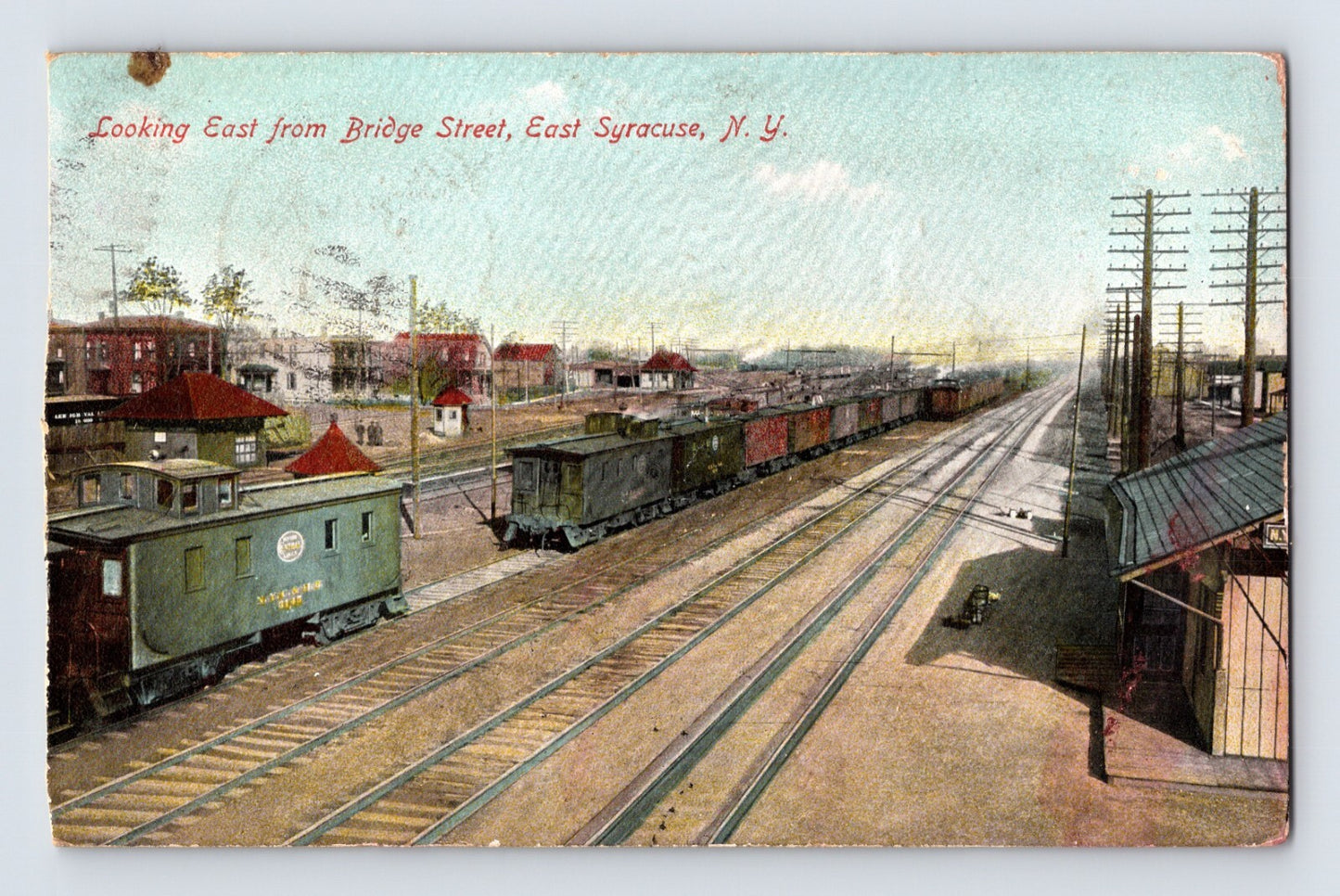 Syracuse New York Bridge Street railroad yard freight train tracks 1909 postcard posted divided back