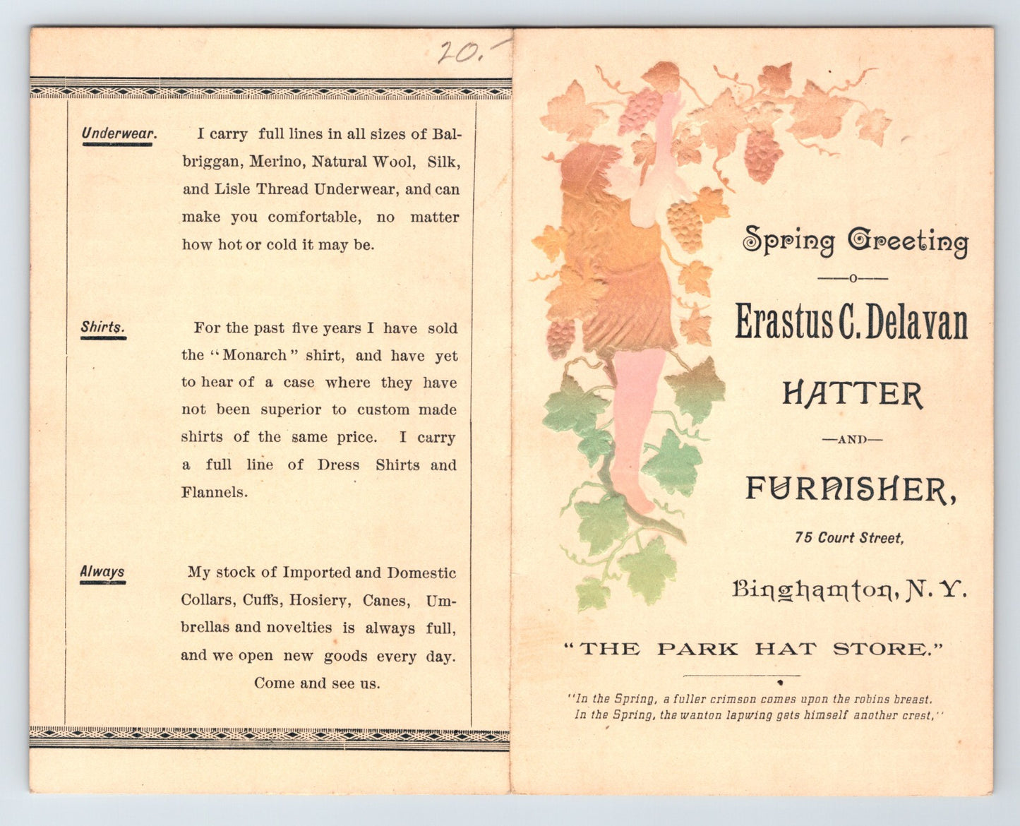 Erastus C Delavan Binghamton New York 1890s Hatter Furnisher Trade Card