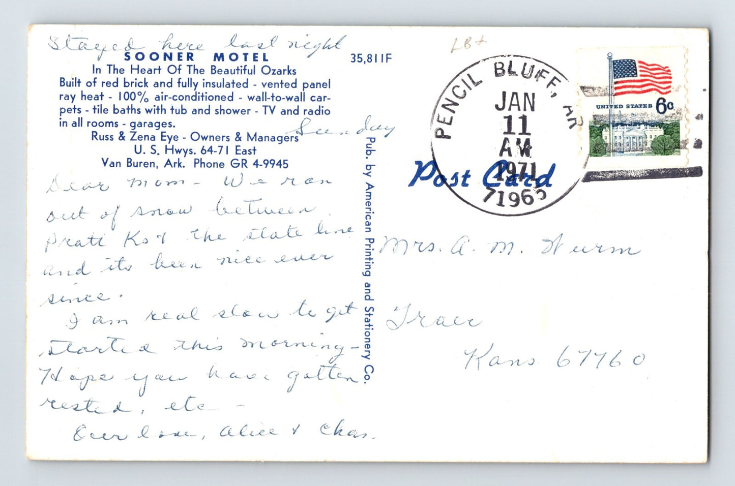 Van Buren Arkansas Sooner Motel 1960s Postcard Posted Chrome