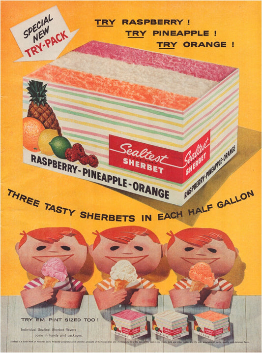 Sealtest Sherbet 1956 raspberry pineapple orange try pack rainbow block ice cream print ad