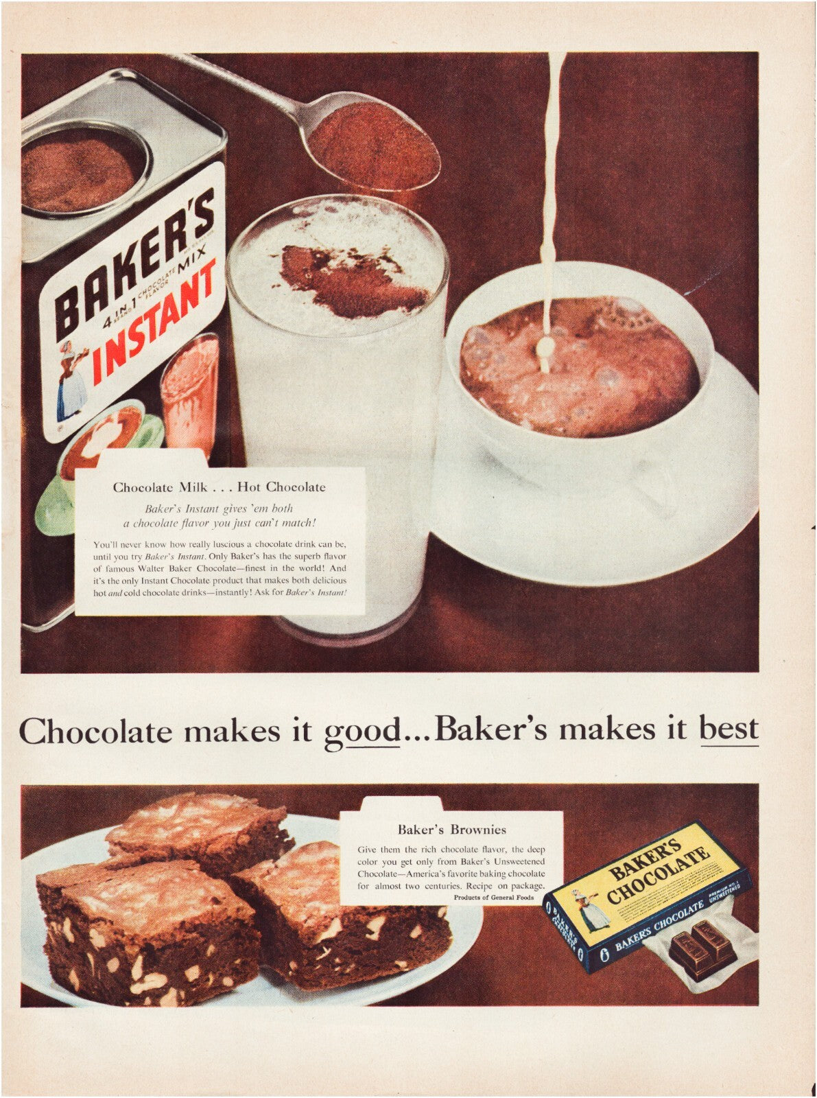 1955 Bakers Chocolate print ad featuring hot cocoa preparation with instant cocoa tin glass of milk and brownies dessert full page magazine ad