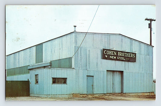 Middletown Ohio Cohen Brothers New Steel 1962 chrome postcard showing corrugated metal warehouse with roadside signage