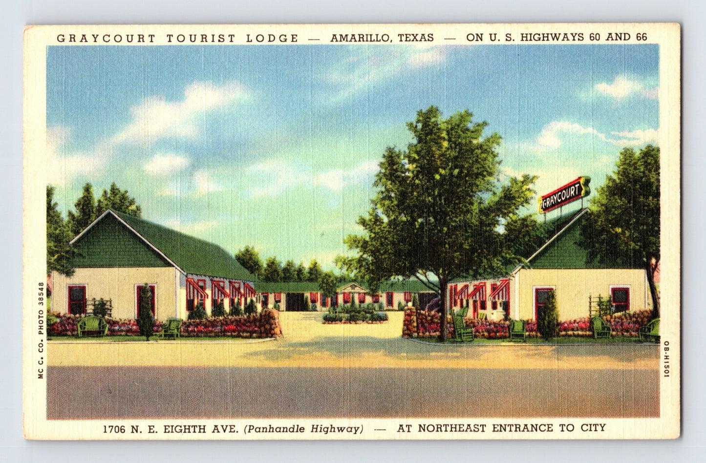 Amarillo Texas Graycourt Tourist Lodge Route 66 1940s linen postcard