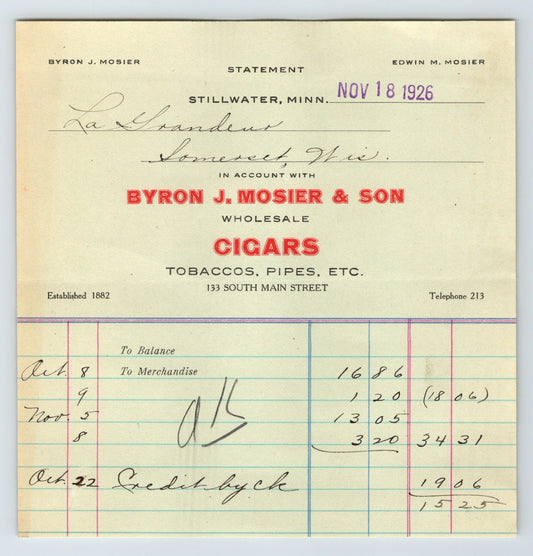 Stillwater Minnesota Byron J Mosier Son 1926 cigar tobacco billhead wholesale statement document