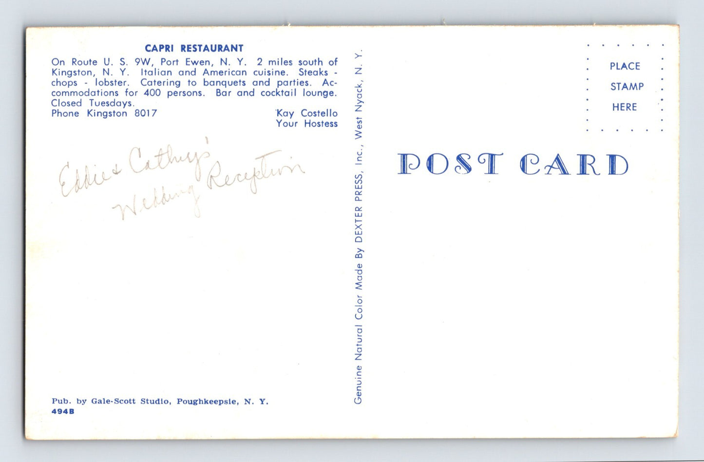 Port Ewen New York Capri Restaurant 1960s Postcard Unposted Chrome