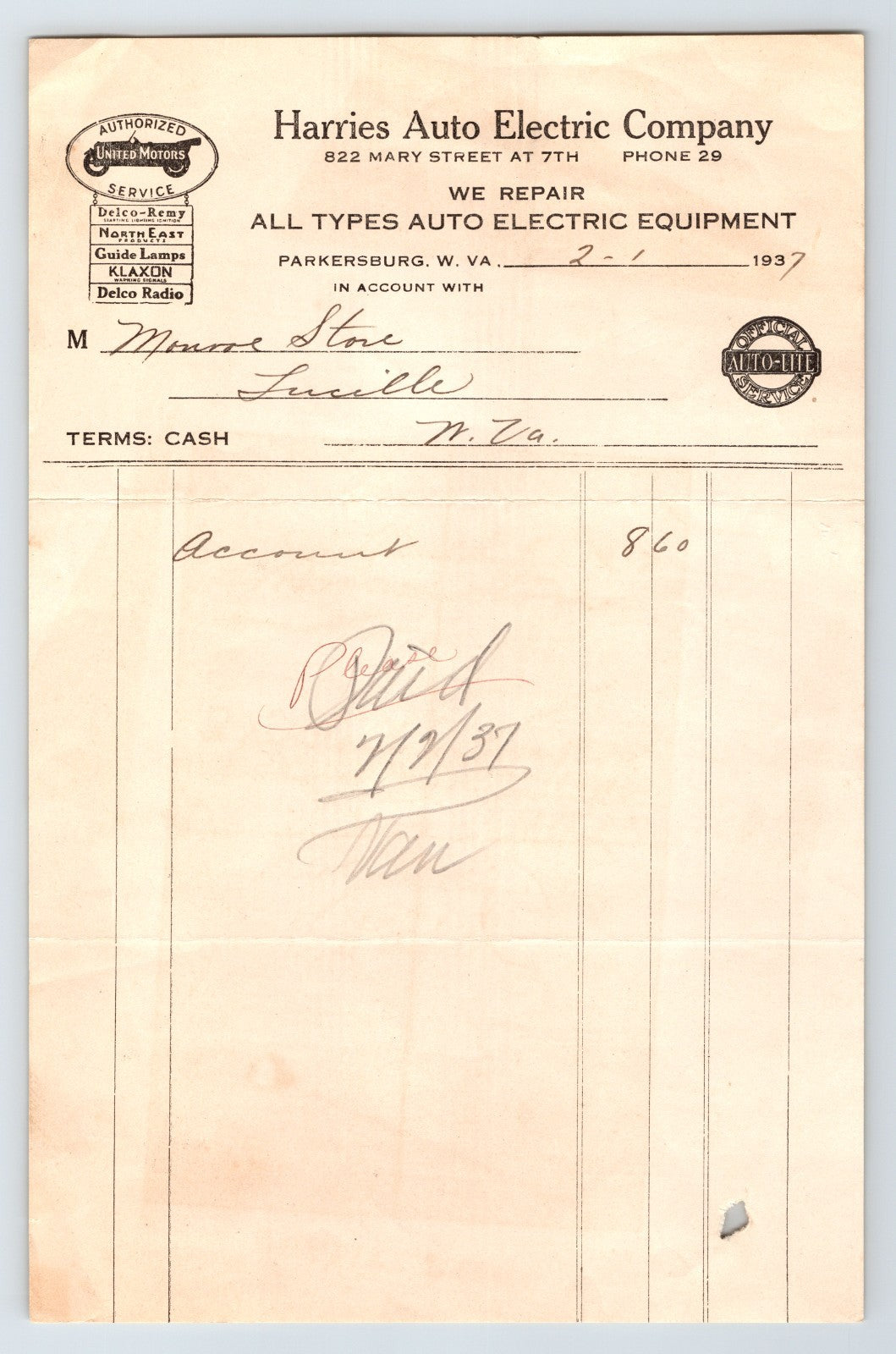 Parkersburg West Virginia Harries Auto Electric Company 1937 billhead automotive service letterhead