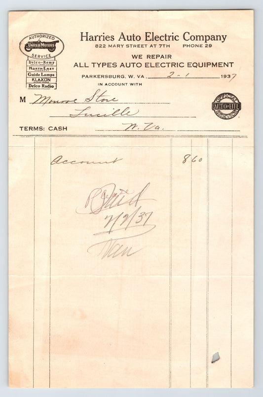 Parkersburg West Virginia Harries Auto Electric Company 1937 billhead automotive service letterhead