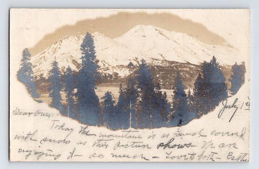 Mount Shasta California snow covered peak with trees foreground 1906 RPPC postcard
