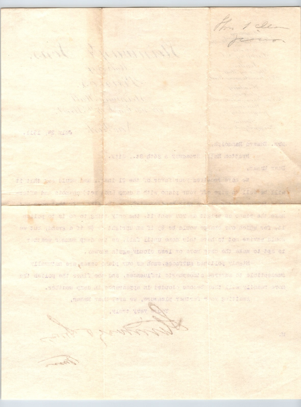 Steinway & Sons New York City 1911 Piano Care Bretton Hall Letterhead 8.5 x 11