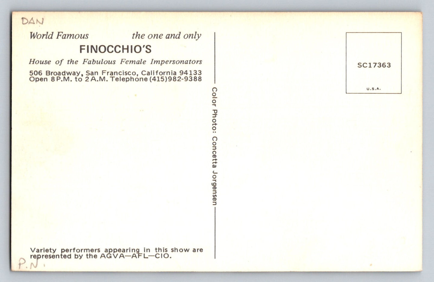 San Francisco California Finnochio's Drag Risque Burlesque 1970s Postcard Chrome