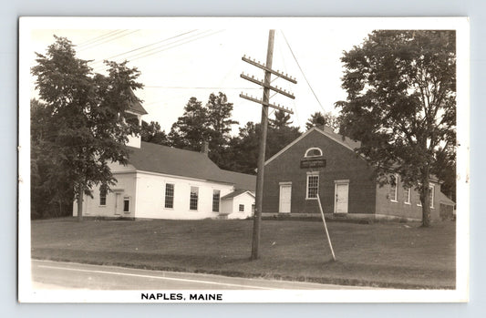 Naples Maine Town Hall Building Church 1940s RPPC Postcard Unposted