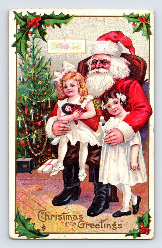 Santa Claus children Christmas tree holly 1912 Christmas postcard posted