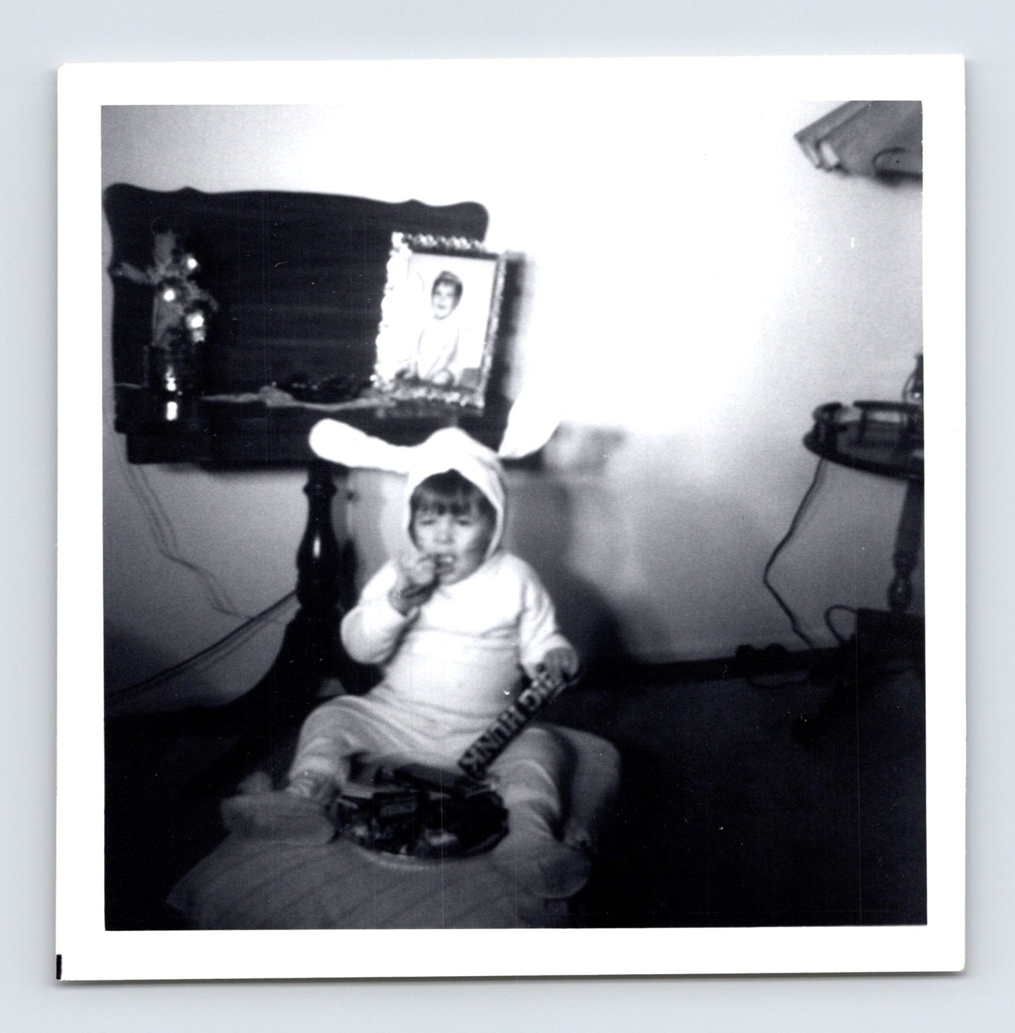 Halloween child bunny costume Big Hunk candy bar 1950s snapshot indoor vintage photo 3.5 x 3.5