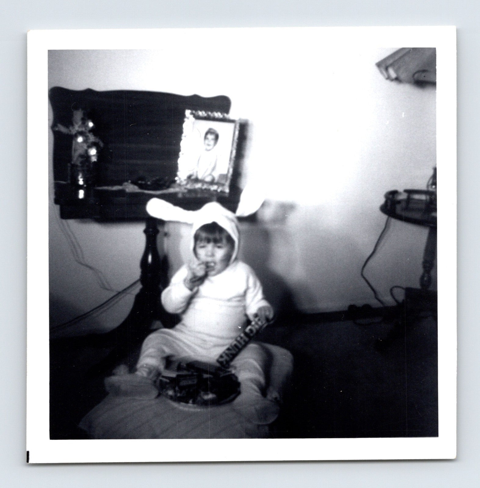 Halloween child bunny costume Big Hunk candy bar 1950s snapshot indoor vintage photo 3.5 x 3.5