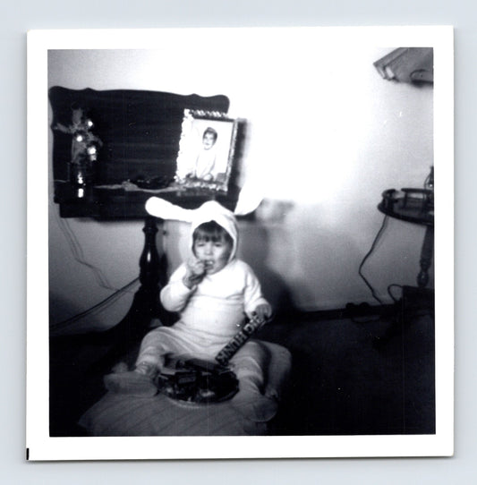 Halloween child bunny costume Big Hunk candy bar 1950s snapshot indoor vintage photo 3.5 x 3.5