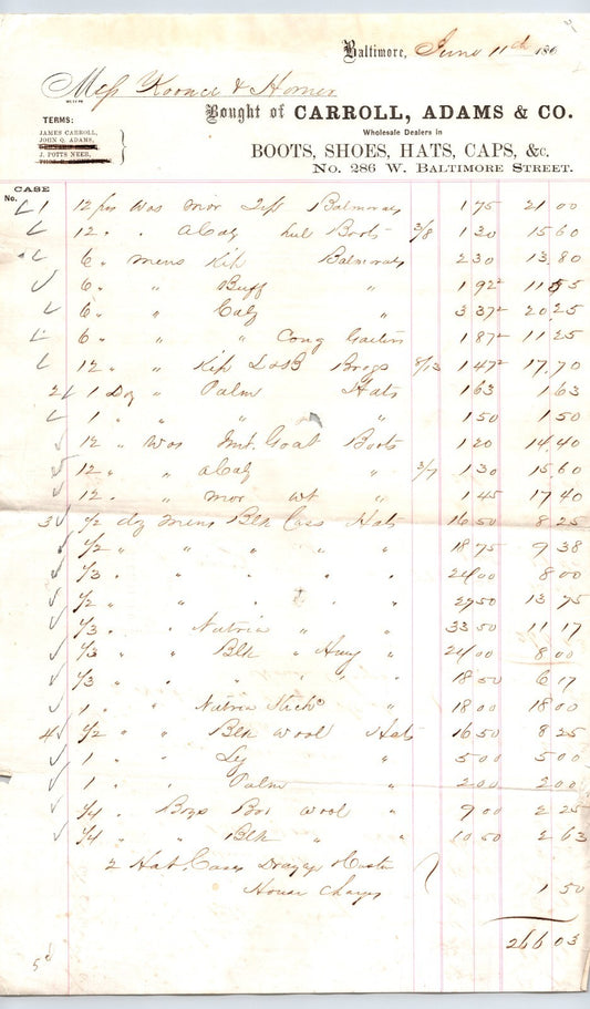 Baltimore Maryland Carroll Adams boots shoes wholesale billhead 1886 handwritten ledger invoice