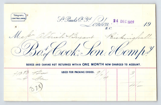 London England P Pauls and Company bookbinders billhead 1909 with ornate script header and handwritten entries