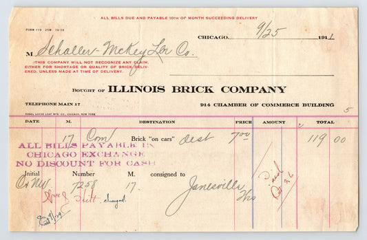 Chicago Illinois Brick Company 1911 billhead invoice for brick shipment with handwritten entries totaling 119 dollars consigned to Janesville Wisconsin
