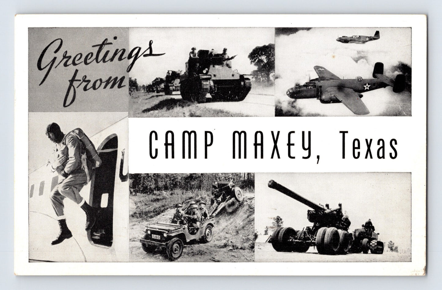 Camp Maxey Texas WWII military training tanks aircraft artillery postcard